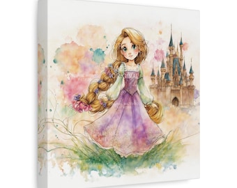 Rapunzel Princess Castle Canvas Wall Art - Magical Fantasy Print - Beautiful Watercolor Decor, Painting for Kids' Rooms, Fairytale Dreams