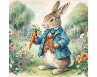 Impressão decorativa de Peter Rabbit | Arte clássica de Beatrix Potter | Tela de literatura infantil | Decoração de parede para quarto de bebê | Impressão de ilustração vintage