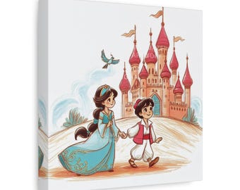 Tela artistica da parete con Aladdin e il castello della principessa - Stampa fantasy con cartoni animati affascinanti, decorazione magica da libro di fiabe, dipinto per camerette e asili nido