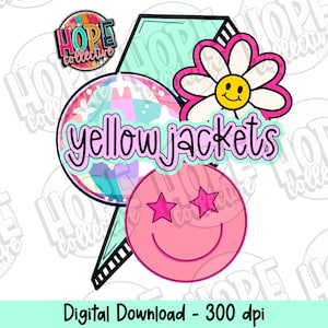 May include: A digital download of a graphic design featuring a pink smiley face with stars for eyes, a pink and blue swirl with the text "yellow jackets", and a pink flower with a yellow smiley face.