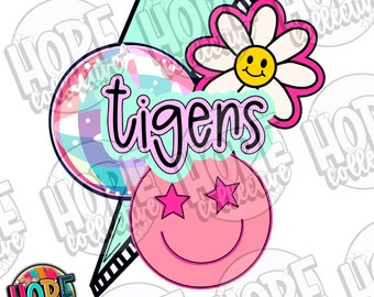 Disco Lightning Tigers School Spirit Design PNG