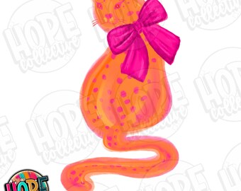 Retro Painted Orange and Pink Cheetah With Bow PNG