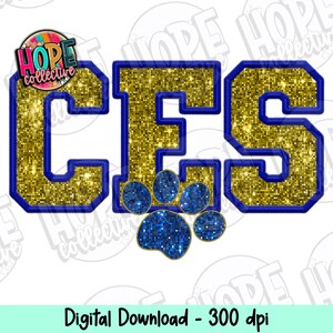 May include: Gold glitter letters spelling "CES" with a blue glitter paw print in the centre. The letters have a blue outline.