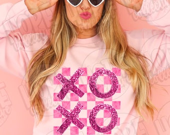 XOXO Pink Checkered Faux Sequin Valentines Day PNG