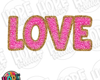 Pink Faux Chenille LOVE Letters Faux Patch Gold Glitter PNG