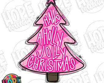 Pink Holly Jolly Christmas Hand Drawn  PNG Digital Download