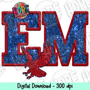 May include: Red and blue glitter letters "EM" with a red glitter eagle in front of the "E". The letters have a red outline and are set against a white background.