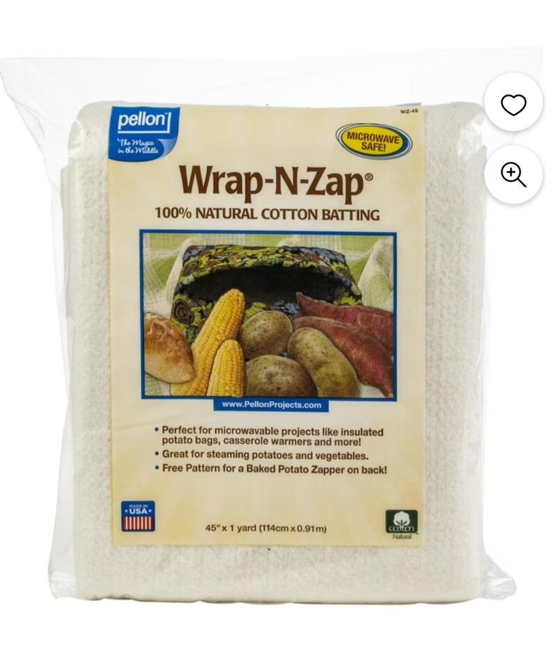 Puede incluir: Un paquete blanco de guata de algod&oacute;n natural Pellon Wrap-N-Zap 100%. El paquete muestra una etiqueta de apto para microondas y una imagen de patatas, ma&iacute;z y pan. El paquete mide 45 pulgadas por 1 yarda (114 cm x 0.91 m).