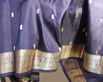 Indigo Black Silk Sari from Kanchipuram