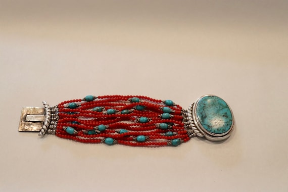 Tibetaan Bracelet in Turquoise, Coral & Sterling … - image 1
