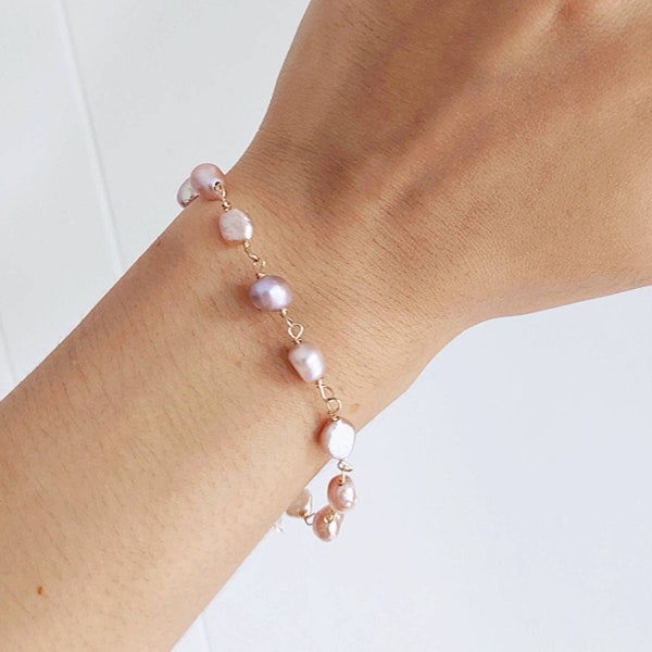 Pink keishi pearl bracelet 18k gold filled chain natural beach ocean hawaii jewelry gift girlfriend mom cute simple tarnish resistant water