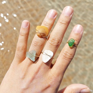 Sea glass sea shell orange gradients handmade rings 18k gold filled wire wrapped ring ocean rings jewlery natural blue green gemstone