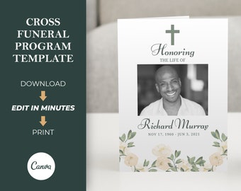 Puede incluir: Una plantilla de programa fúnebre con una cruz y el texto "Honrando la vida de Richard Murray". El programa incluye una foto en blanco y negro, detalles florales y las fechas 17 de noviembre de 1960 - 3 de junio de 2021. La plantilla también incluye el texto "Plantilla de programa fúnebre cruzado", "Descargar", "Editar en minutos" e "Imprimir".