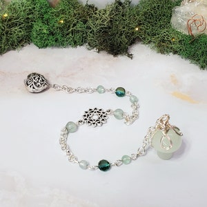 May include: A silver chain pendulum with a heart charm, a silver charm with a geometric design, and a green stone mushroom-shaped pendant.