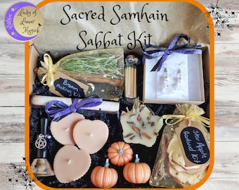 Sacred Samhain Sabbat Kit - Two Sizes Available with Ancestral Honoring Ritual Kit, Beeswax Pumpkin Candles, Howlite Ghost Earrings, & more!