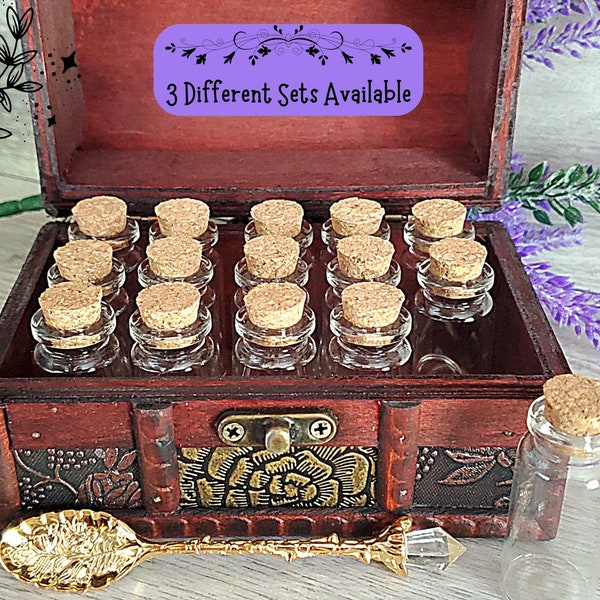 Witch Apothecary Vial & Chest Sets, Vintage Style Chest and Spoon, Empty Corked Vials, Witchcraft Supplies, Witchy Gift, Basic Storage Kit