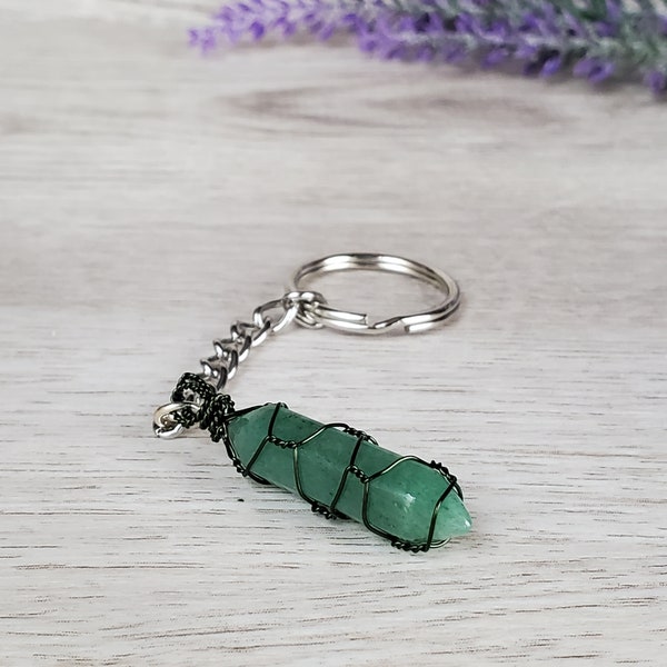 Green Aventurine Crystal Point Keychain with Unique Handcrafted Wire Wrapping, Handmade Crystal Accessory, Witchy Gift, Witchcraft Supply