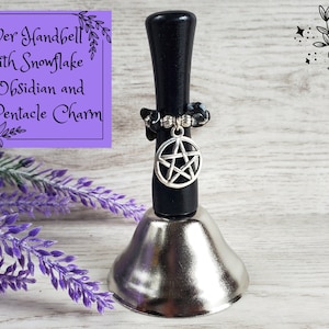 Silver Hand Bell with Snowflake Obsidian Chips & Pentacle Charm, Perfect for Sound Cleansing, Witchcraft Supplies, Altar Tools, Ritual Prep