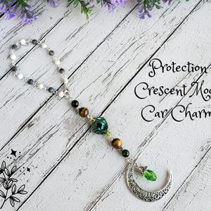 Protection Crescent Moon Car Charm - Tiger's Eye, Labradorite, & Howlite Crystals, Lobster Clasp for easy installation, Witchcraft Supplies