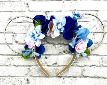 Stitch Floral Hoop Ears/ Lilo and Stitch Inspired Floral Ears/ Stitch Ears/ Blue Floral Ears/ Experiment 626 Inspired Ears