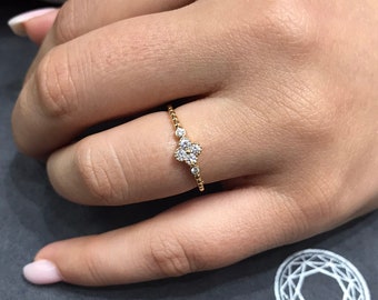 Dainty Clover Desing Diamond Ring, Unique Diamond Stackable Ring, April Birthstone Ring, Gift for Bestfriend