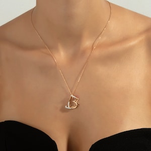 Colgante de oro macizo de 18 k con letra inicial y diamante real, collar hecho a mano con inicial B, collar con letra elegante en 3D, collar con inicial con medio pavé