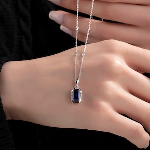 0.17 ct Diamond Sapphire Pendant · Blue Sapphire Emerald Cut Necklace · September Birthstone · Precious Necklace · Bridal Necklace Wedding