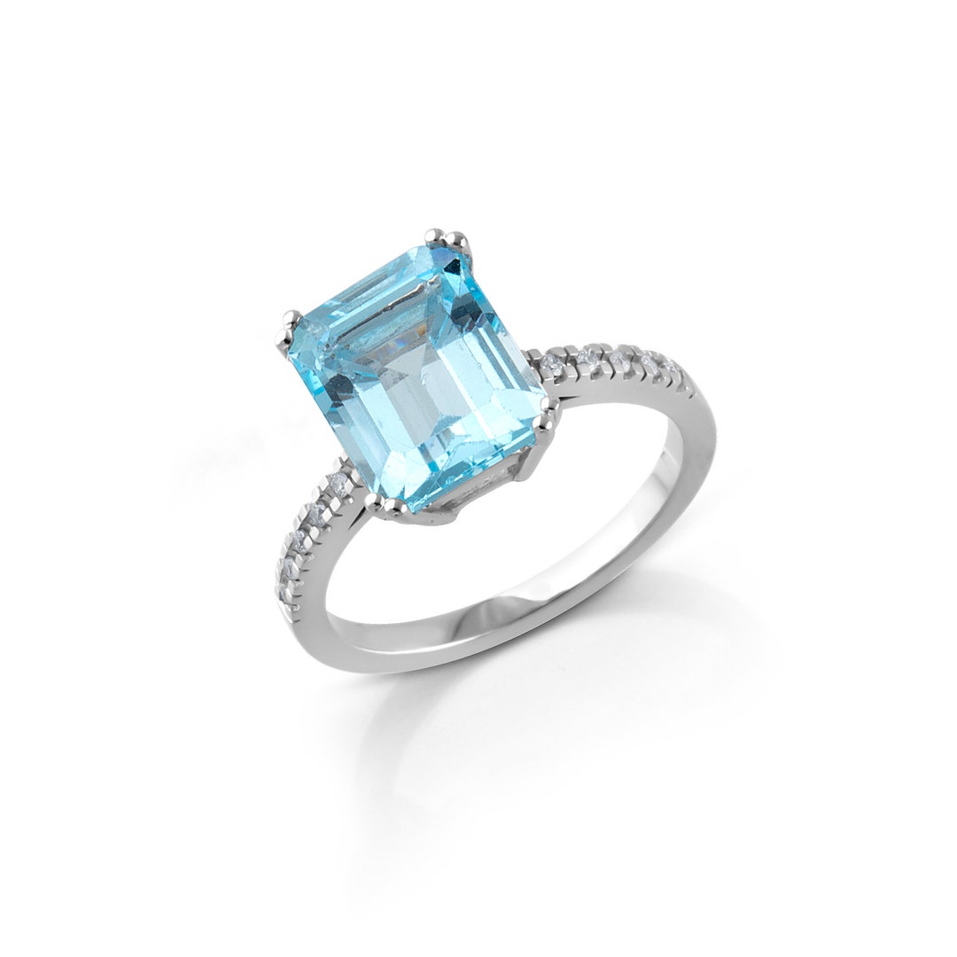 Real Diamond and Natural Aqua Blue Stone Ring / Pave Diamond Etsy