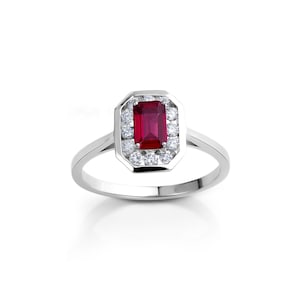 Emerald Cut Ruby Ring · Halo Ruby Engagement Ring · Genuine Halo Ruby Ring · Gift For Her · Diamond Emerald Cut Ruby Garnet Ring