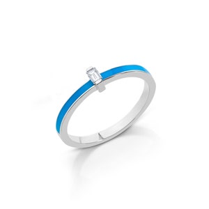 Baguette Cut Diamond With Enamel Wedding Ring, 14k Solid Gold Thin Daily Use Ring