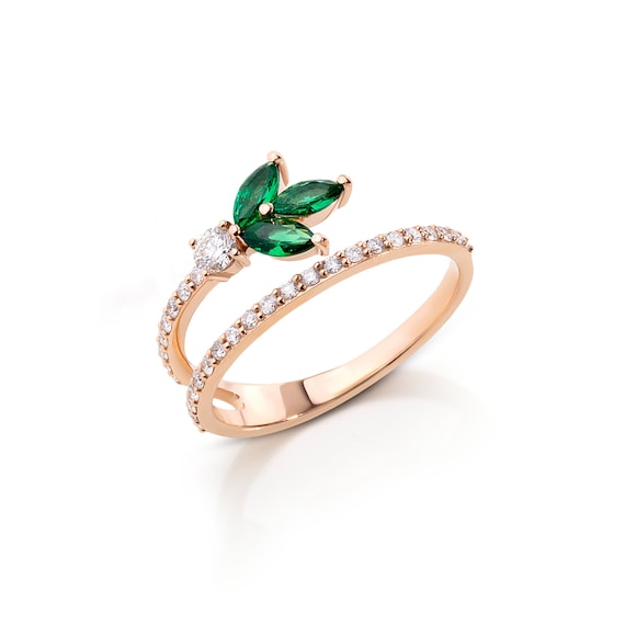 Genuine Diamond and Emerald Double Band Ring Rose Gold Emerald Tulip Ring May Birthstone Minimalist Tulip Ring Stackable Rings Etsy
