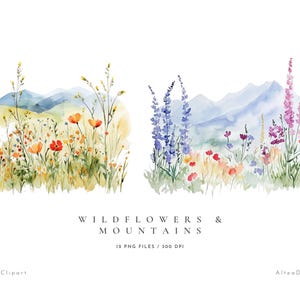 Clipart floral aquarelle, fleurs printemps été, aquarelle de fleurs sauvages, prairie de montagne d'été, clipart mariage, champ de fleurs sauvages