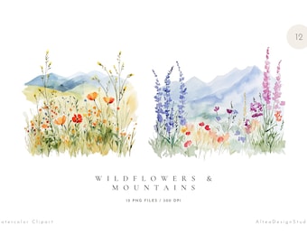 Watercolor Wildflower Clipart: Mountain Meadow PNG (Digital Download)