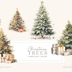 Clipart albero di Natale, Clipart invernale, Inverno acquerello, PNG Clipart di Natale, Clipart di ornamenti natalizi, Regali di Natale