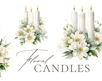 White and Green Watercolor Candles, Watercolor Floral Candles, Flowers Clipart, Watercolor Bouquet, Watercolor Baptism Clipart, Clipart PNG