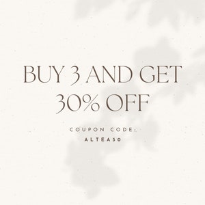 May include: Text overlay on a white background with a shadow of leaves. The text reads "BUY 3 AND GET 30% OFF. COUPON CODE: ALTEA30".