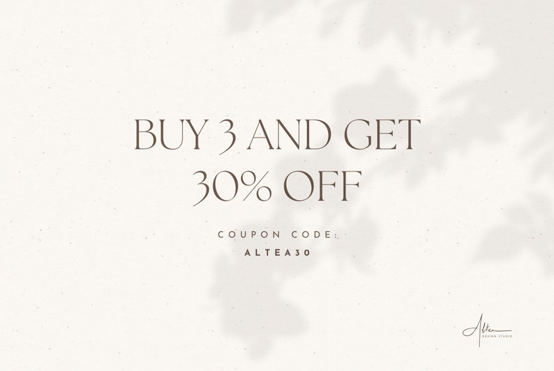 May include: Text overlay on a white background with a shadow of leaves. The text reads "BUY 3 AND GET 30% OFF. COUPON CODE: ALTEA30".