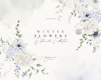 Blue Watercolor Floral Clipart: Wedding Invitation Graphics (PNG)