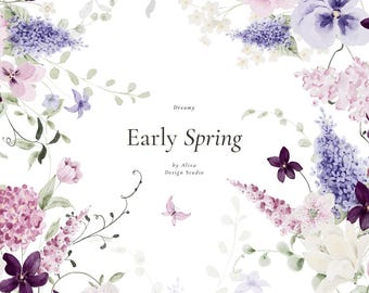 Watercolor Spring Garden Clipart, Wildflowers, Pink and Purple Flowers Clipart, Elegant and Delicate Wedding Clipart for Invitations