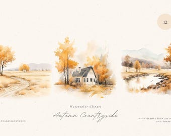 Watercolor Autumn Landscape Clipart: Fall Scenery PNG (300 DPI)