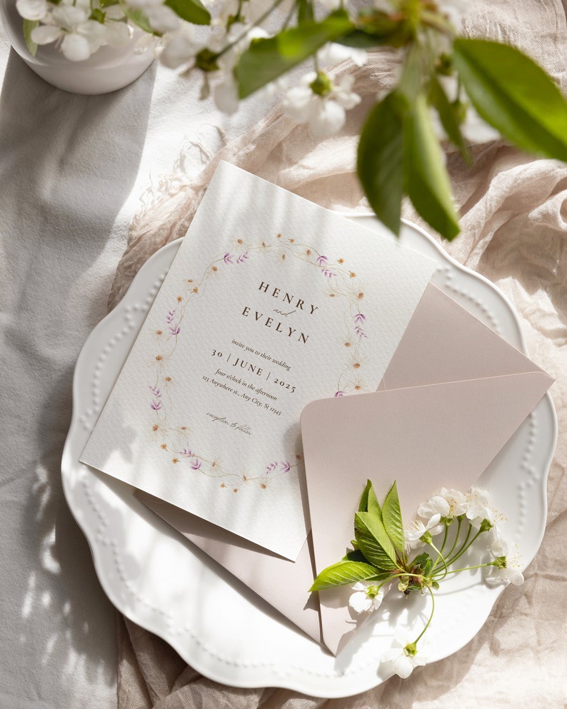 Puede incluir: Una invitaci&oacute;n de boda con un dise&ntilde;o de corona floral. La invitaci&oacute;n es para la boda de Henry y Evelyn el 30 de junio de 2025. La invitaci&oacute;n est&aacute; sobre un fondo blanco con un sobre rosa.