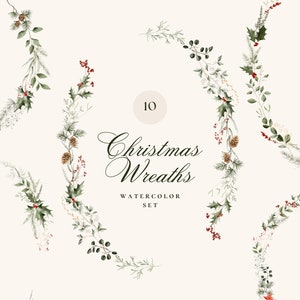 Aquarelle Winter Clipart, Couronnes de Noël, Verdure pour cartes de Noël, Clipart de Noël, Clipart floral d’hiver, Botaniques d’hiver