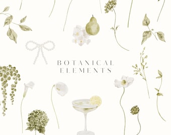 White Watercolor Florals Clipart, Watercolor Flowers Clipart, Hand-Painted Florals, Wedding Invitation Clipart, Lemonade Cocktail Clipart