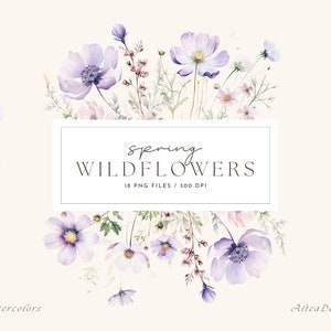 Imágenes prediseñadas de flores silvestres de acuarela lila, imágenes prediseñadas de flores de primavera, imágenes prediseñadas de boda de acuarela, borde floral, imágenes prediseñadas de acuarela de boda