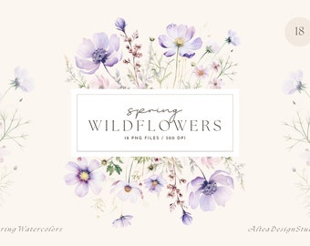 Clipart de acuarela de flores silvestres lilas: Ramos florales primaverales (Descarga digital)