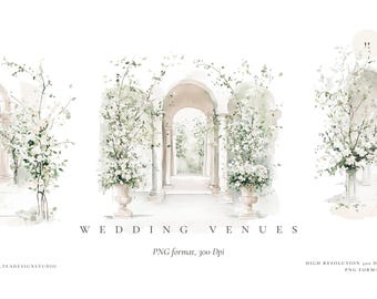Watercolor Wedding Venue Clipart: Floral Arch, Church (Digital Download)