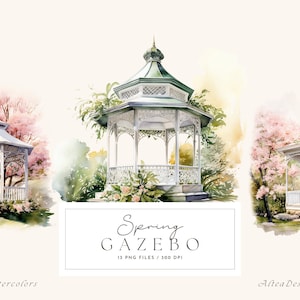 Imágenes prediseñadas de acuarela de jardín de primavera, imágenes prediseñadas de cenador de acuarela, imágenes prediseñadas del lugar de la boda, primavera de acuarela, imágenes prediseñadas florales
