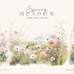 Clipart floral de acuarela, flores de primavera y verano (PNG), prados de flores silvestres, prado de primavera, bordes florales, clipart de boda, flores de primavera