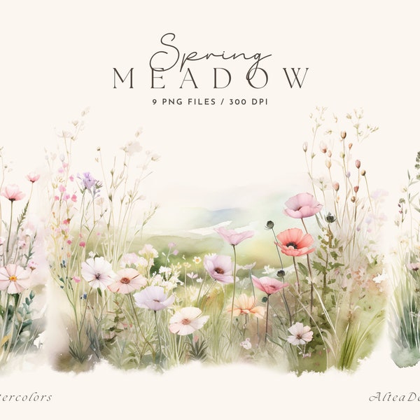 Aquarell Blumen Clipart, Frühlings- und Sommerblumen png, Wildblumenwiesen, Frühlingswiese, Blumenränder, Hochzeit Clipart, Frühlingsblumen