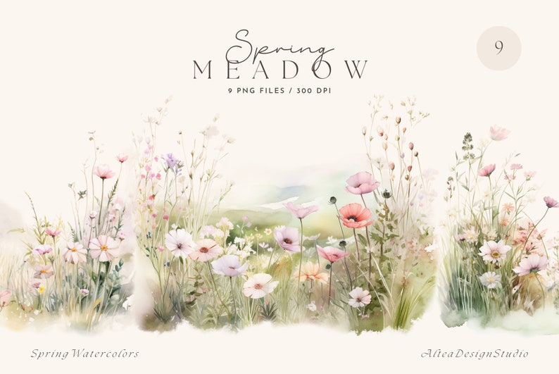 Watercolor Spring Meadow Clipart: Floral Borders (PNG Digital Download ...